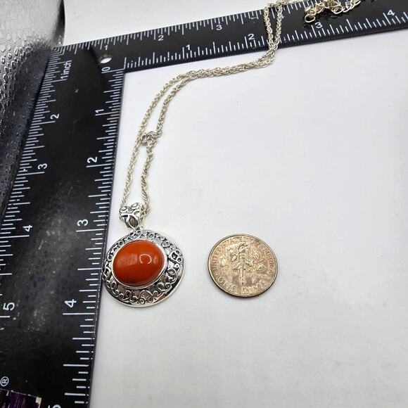 Orange Brown Pendant Necklace Silver Tone Rope Chain Ornate Thailand Jewelry - Picture 4 of 7